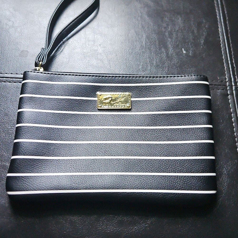 Betsey Johnson Black and White Striped Wristlet with Gold Hardware